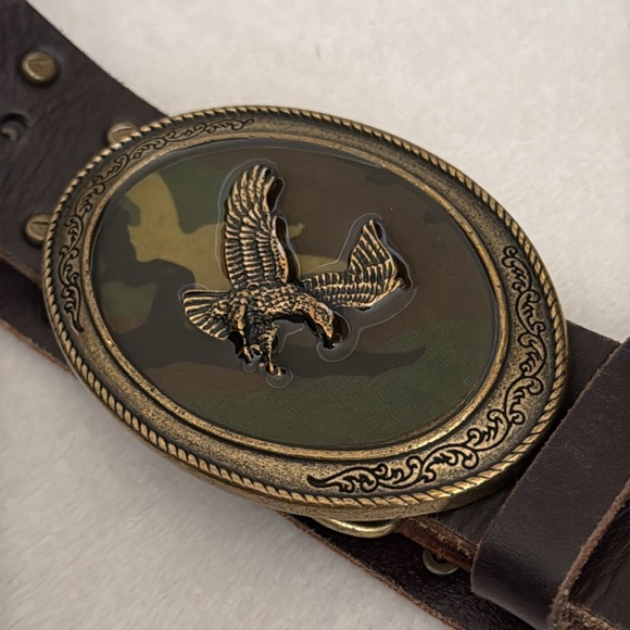 Faithful | Brown Leather Stud Belt Eagle Camouflage Hook Embossed Buckle (S) - Picture 14 of 15